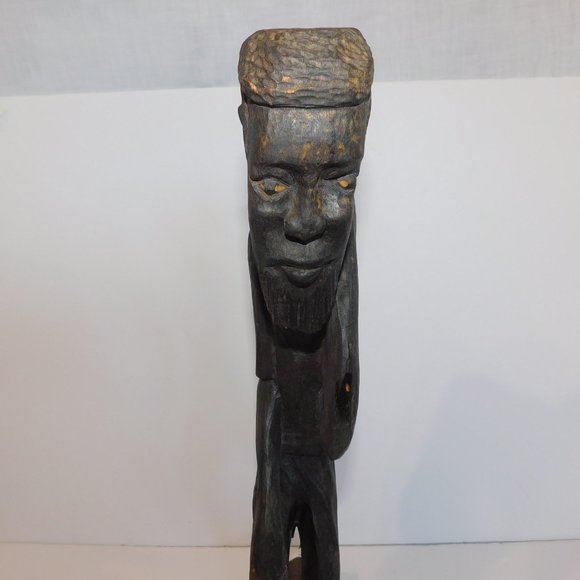 Vintage African Man Carrying Carp Fish On back Wooden hand Carved Sculpture 19" - Picture 4 of 8